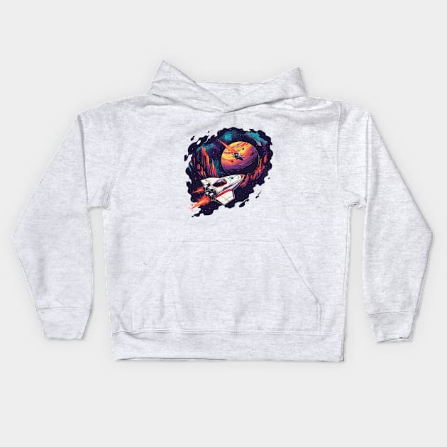 A spaceship traveling Kids Hoodie by Printashopus